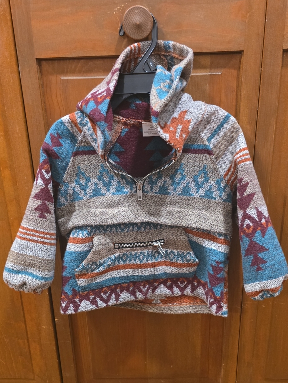Southwest Pattern Hooded Pullover - Teal, Rust, Maroon